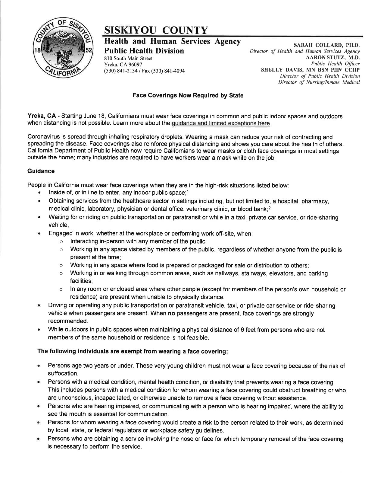 Mask Required From State Press Release Town of Fort Jones, Siskiyou